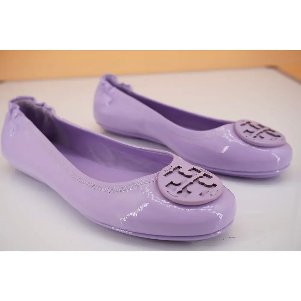 Tory Burch Minnie Purple Patent Leather Travel Ballet Flats SZ 7 Reva Logo $225